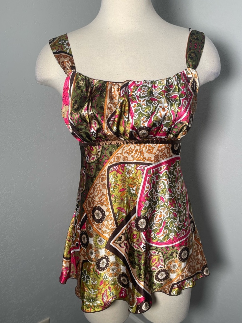 B. Wear Y2K-style patterned flowy tank top.